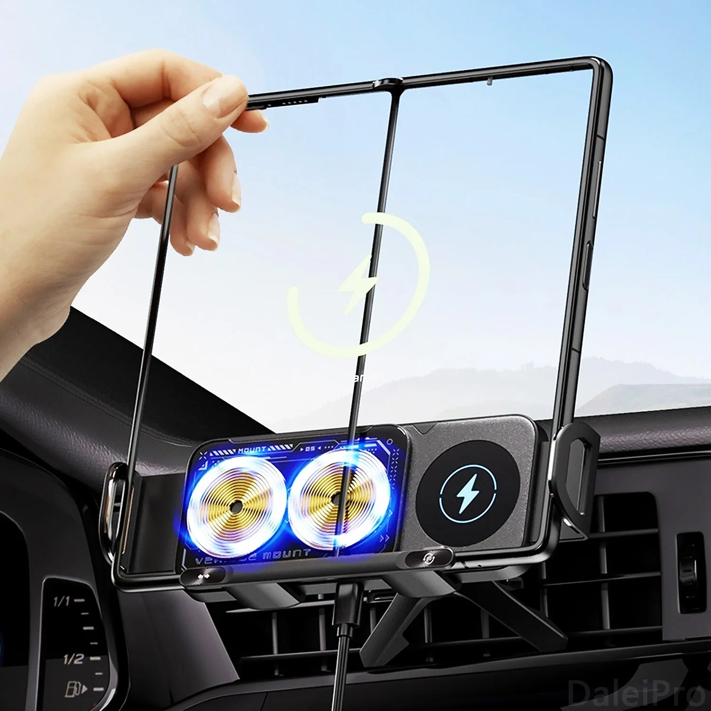 Foldable Phone Car Mount — Wireless Charging with Auto-Clamp & Electric Rotation