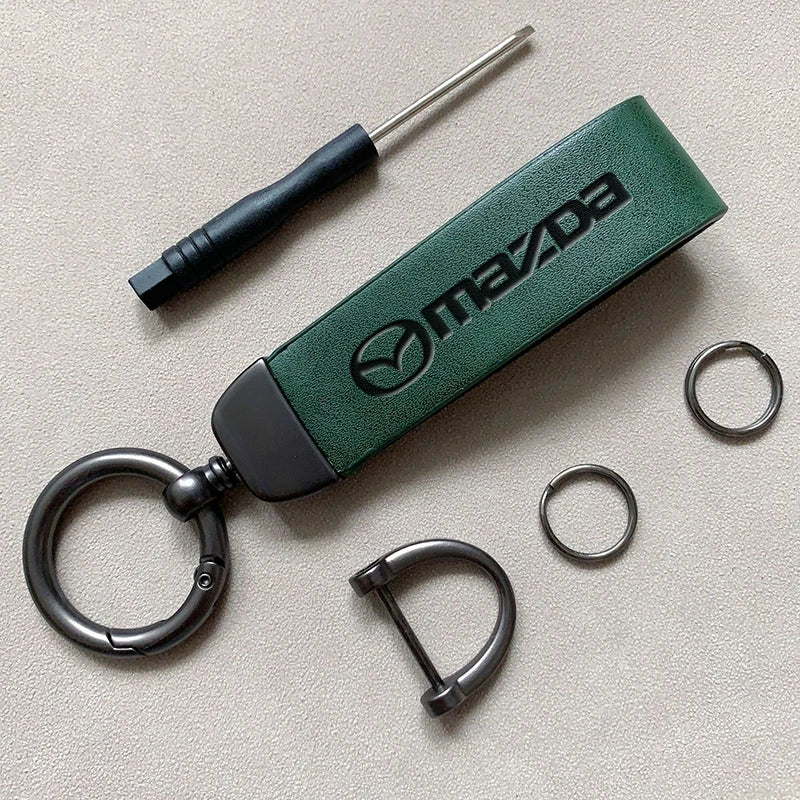 Mazda Leather Keychain — Embossed Logo, Metal Horseshoe Clasp, Premium Finish