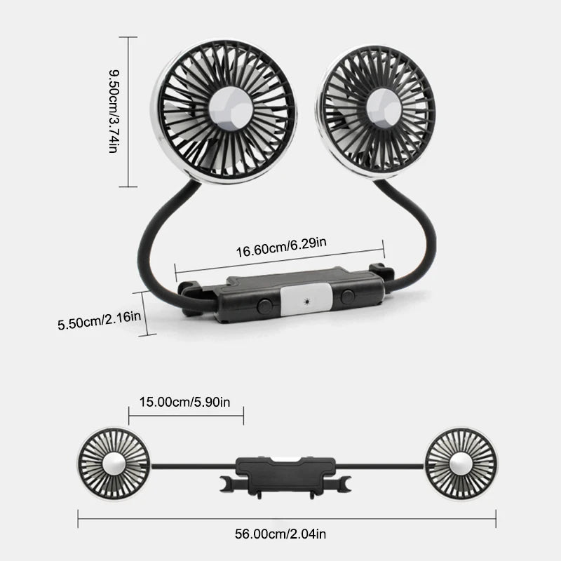 Car Headrest Fan — Dual Head USB Cooling Fan with 3-Speed Control & 360° Rotation