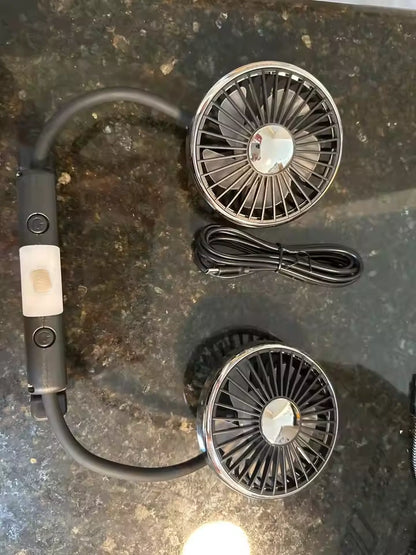 Car Headrest Fan — Dual Head USB Cooling Fan with 3-Speed Control & 360° Rotation