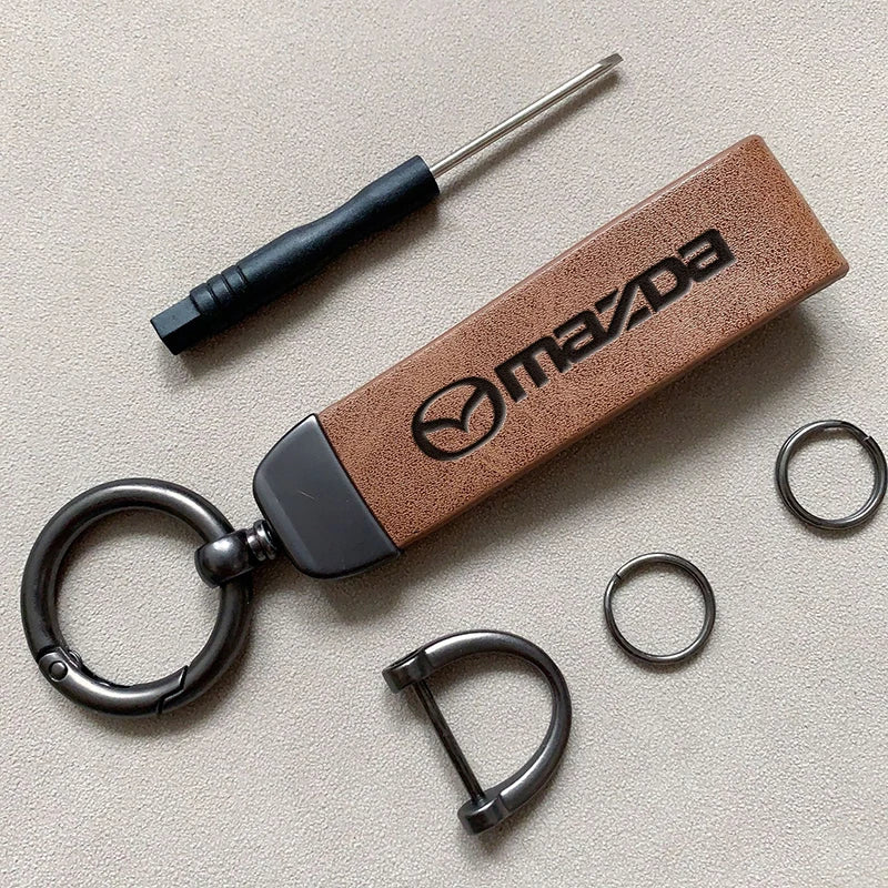 Mazda Leather Keychain — Embossed Logo, Metal Horseshoe Clasp, Premium Finish