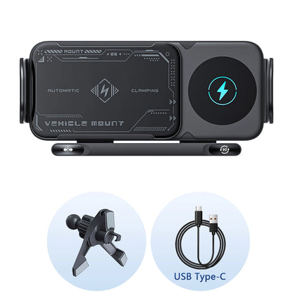 Foldable Phone Car Mount — Wireless Charging with Auto-Clamp & Electric Rotation