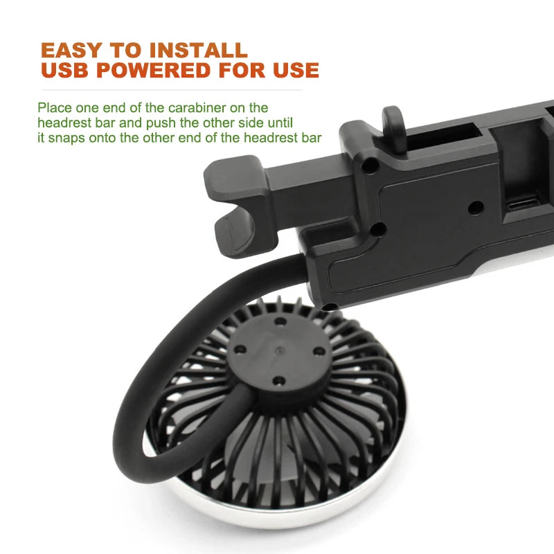 Car Headrest Fan — Dual Head USB Cooling Fan with 3-Speed Control & 360° Rotation