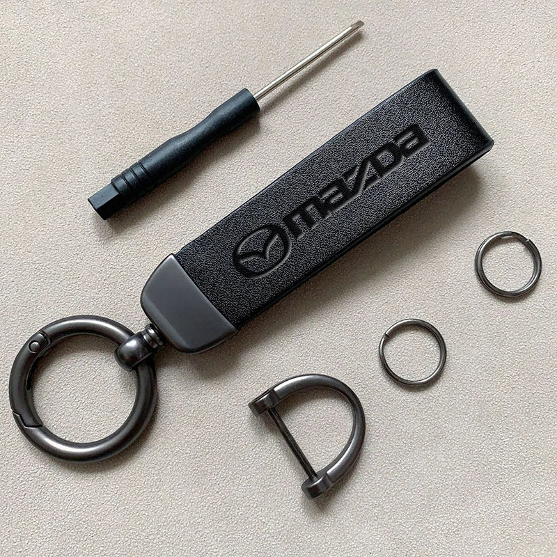 Mazda Leather Keychain — Embossed Logo, Metal Horseshoe Clasp, Premium Finish