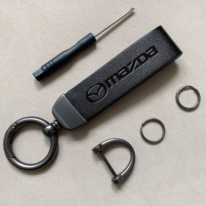 Mazda Leather Keychain — Embossed Logo, Metal Horseshoe Clasp, Premium Finish