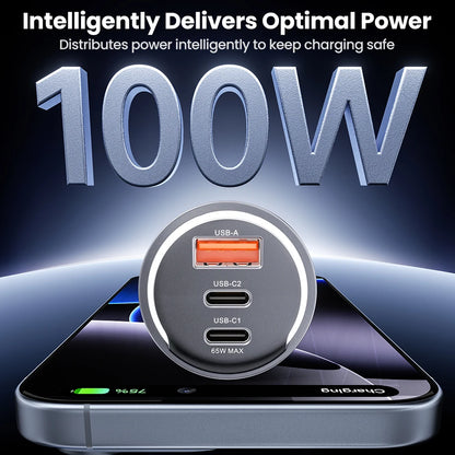 100W Triple Port Car Charger — 65W USB-C PD Fast Charge for iPhone, MacBook & Samsung
