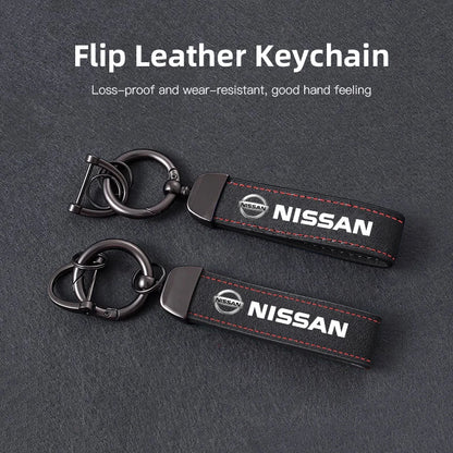 Nissan Suede Keychain — Sport Emblem, Zinc Alloy Hardware, Premium Finish