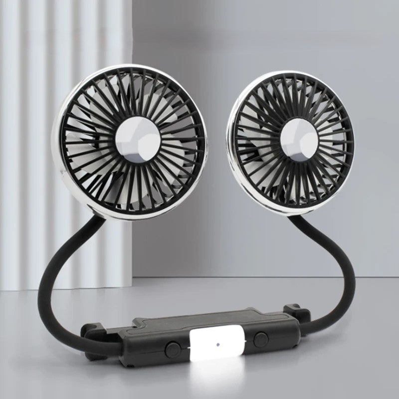Car Headrest Fan — Dual Head USB Cooling Fan with 3-Speed Control & 360° Rotation