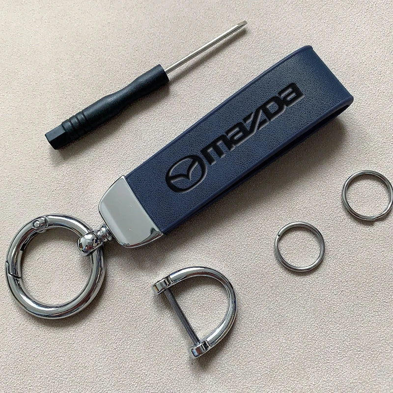 Mazda Leather Keychain — Embossed Logo, Metal Horseshoe Clasp, Premium Finish