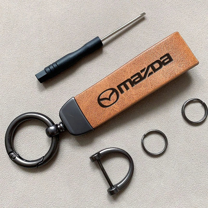 Mazda Leather Keychain — Embossed Logo, Metal Horseshoe Clasp, Premium Finish