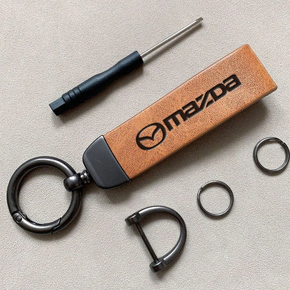 Mazda Leather Keychain — Embossed Logo, Metal Horseshoe Clasp, Premium Finish