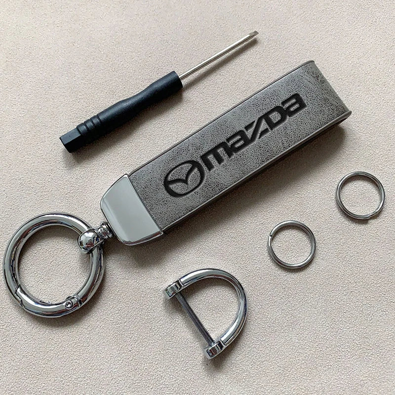 Mazda Leather Keychain — Embossed Logo, Metal Horseshoe Clasp, Premium Finish
