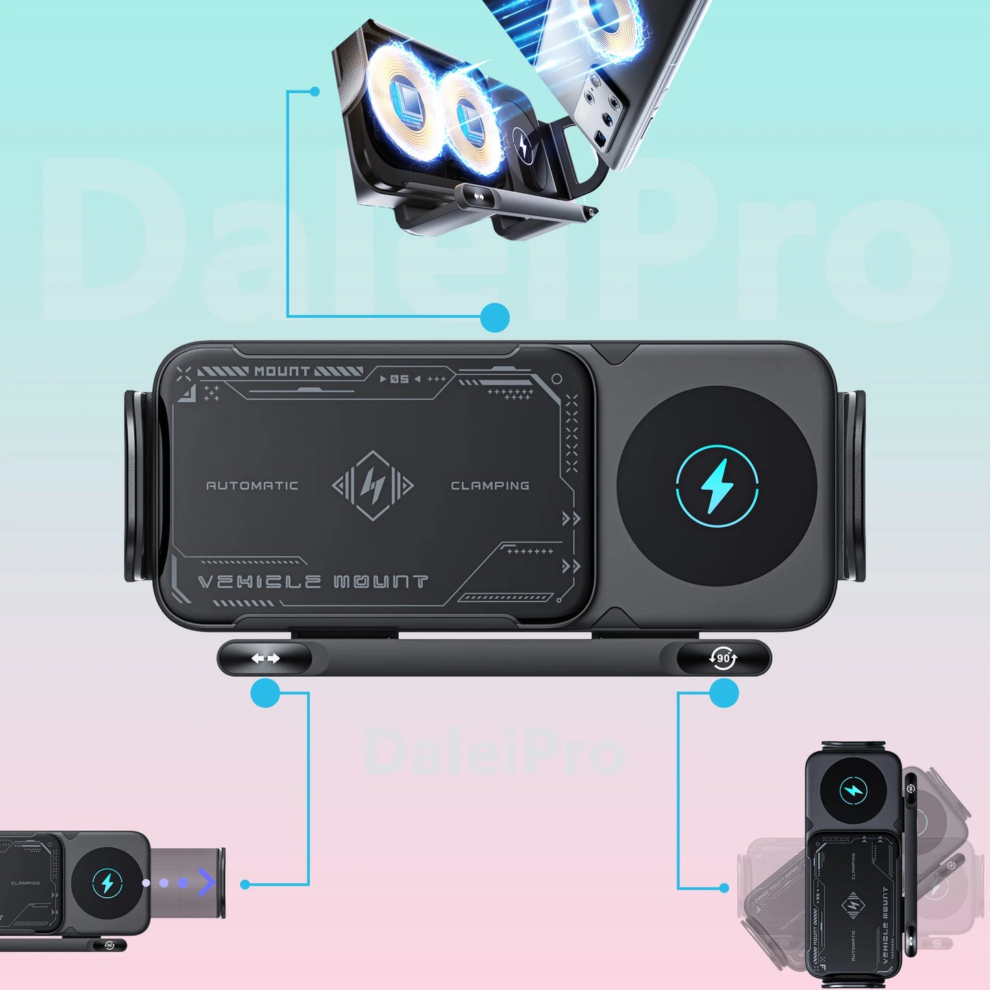 Foldable Phone Car Mount — Wireless Charging with Auto-Clamp & Electric Rotation