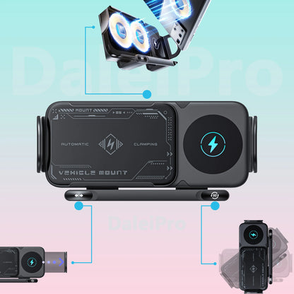 Foldable Phone Car Mount — Wireless Charging with Auto-Clamp & Electric Rotation