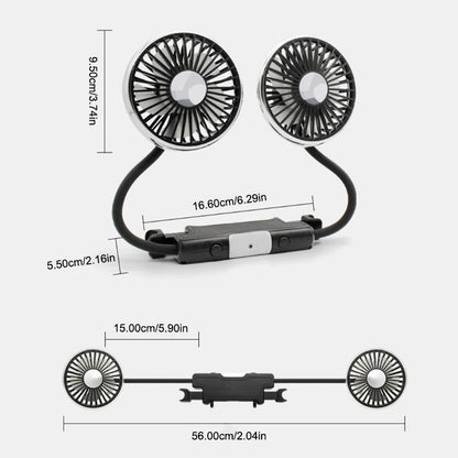 Car Headrest Fan — Dual Head USB Cooling Fan with 3-Speed Control & 360° Rotation